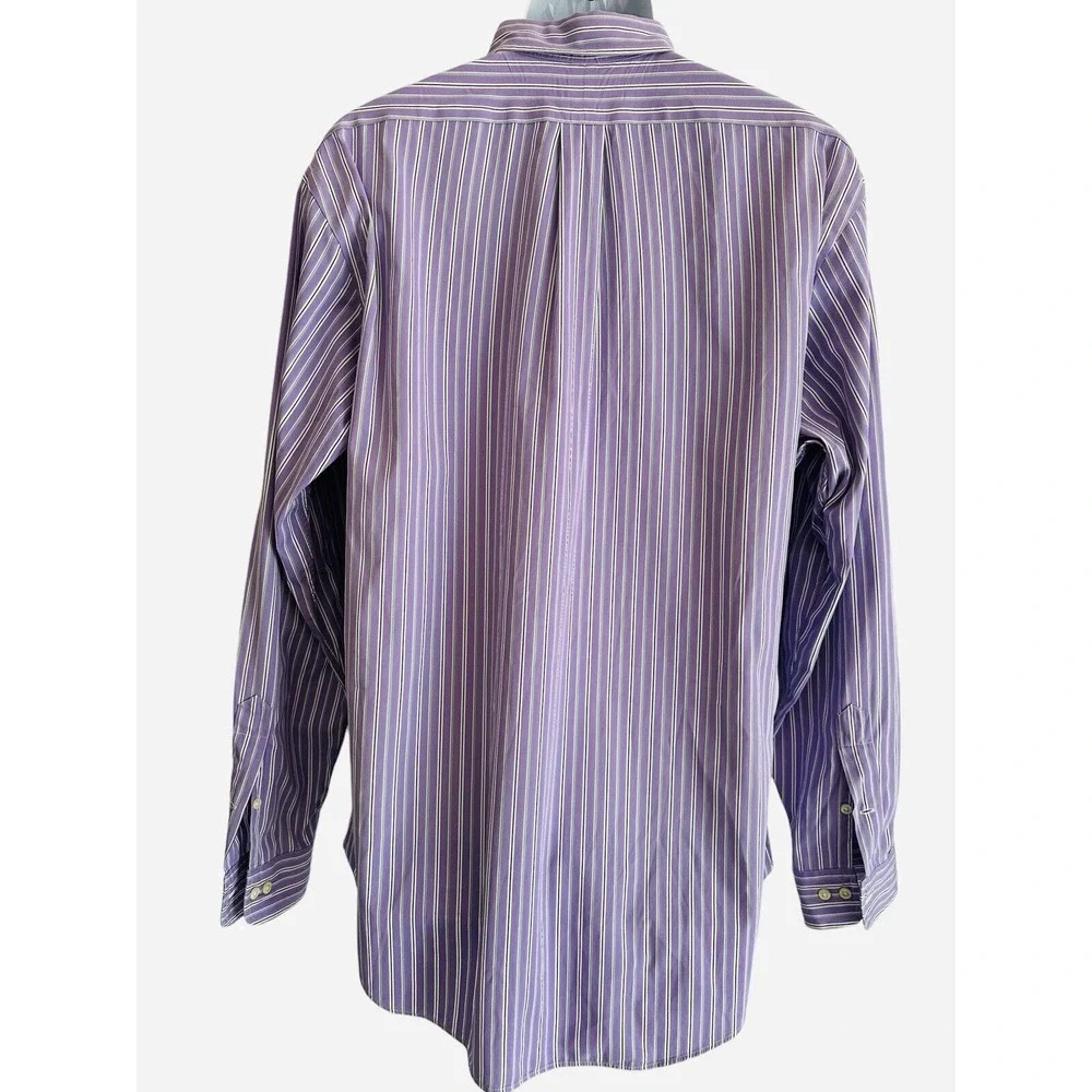 Polo Ralph Lauren Men Shirt Purple Stripe Custom Fit LS Green Pony 17 34/35 XL‎